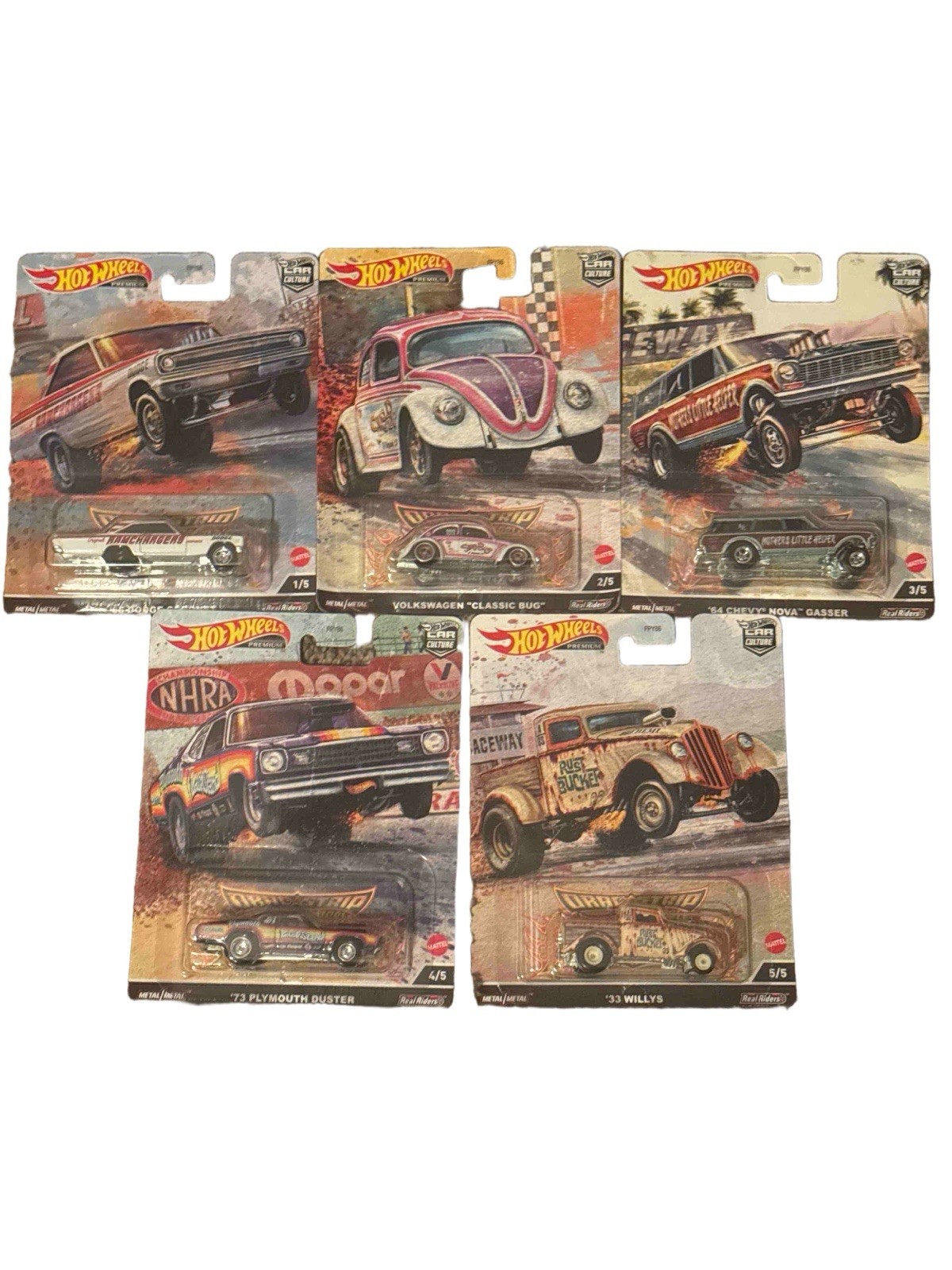 HOT WHEELS DRAG STRIP DEMONS CAR CULTURE 5 CAR SET MATTEL WILLYS DUSTER NOVA VW