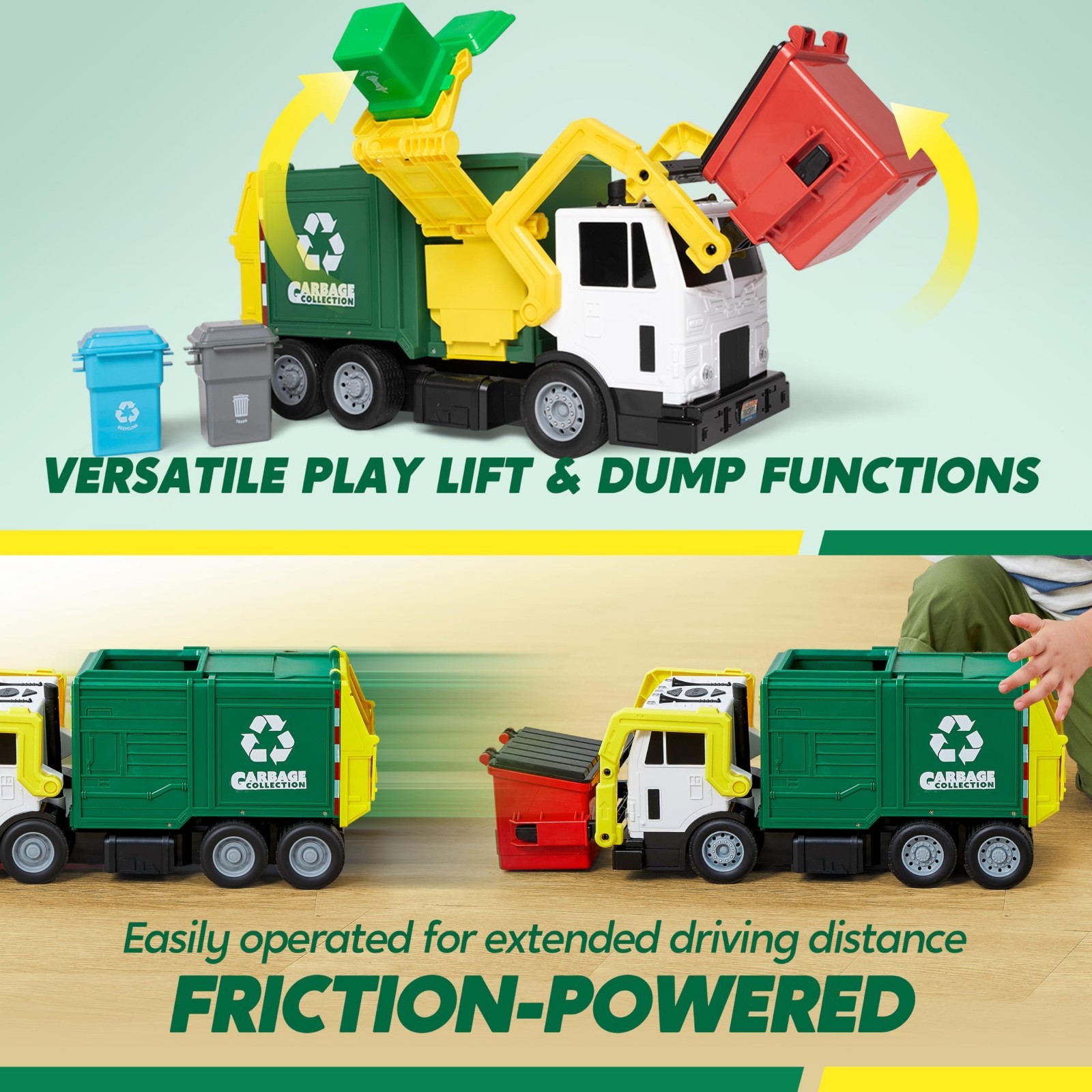 Large Friction Powered Garbage Truck Toy Set with Dumpster & Trash Bins – Kids G