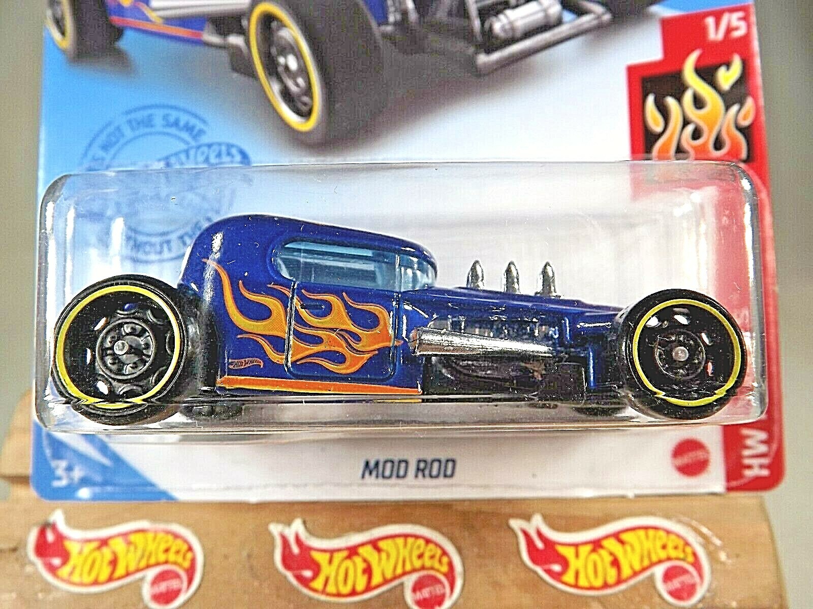 2021 Hot Wheels #189 HW Flames 1/5 MOD ROD Blue w/Black DD8 Spoke Yellow Rims