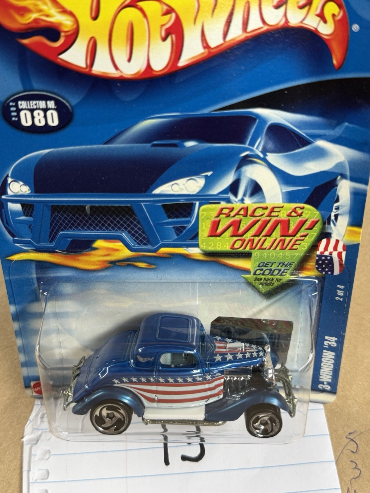 2002 Hot Wheels 3 Window ‘34 #080 SEE CARD EDGE