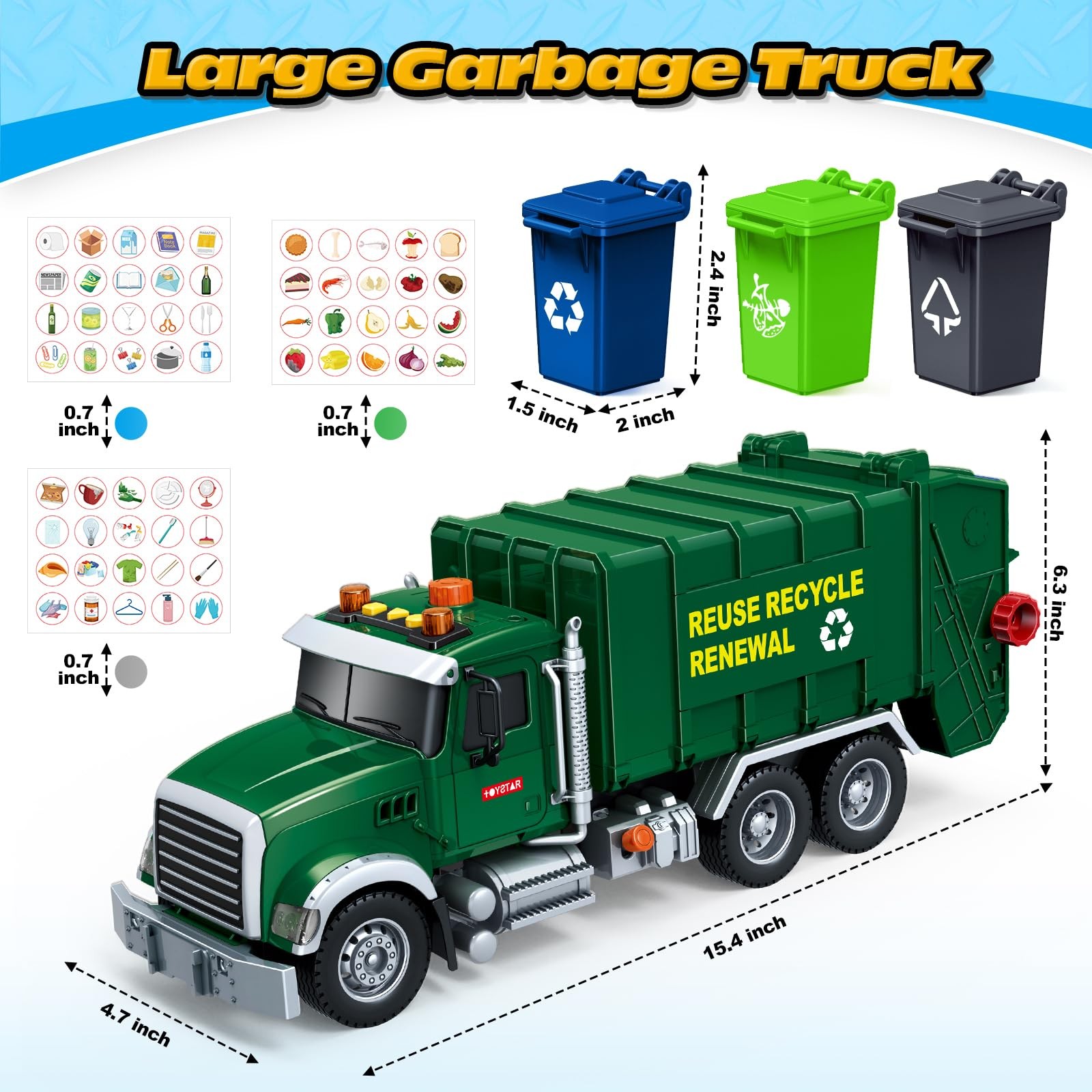 Kids Toys for 3 4 5 6 7 8 Years Old Boys, 15″ Large Garbage Truck Toy, Fricti…