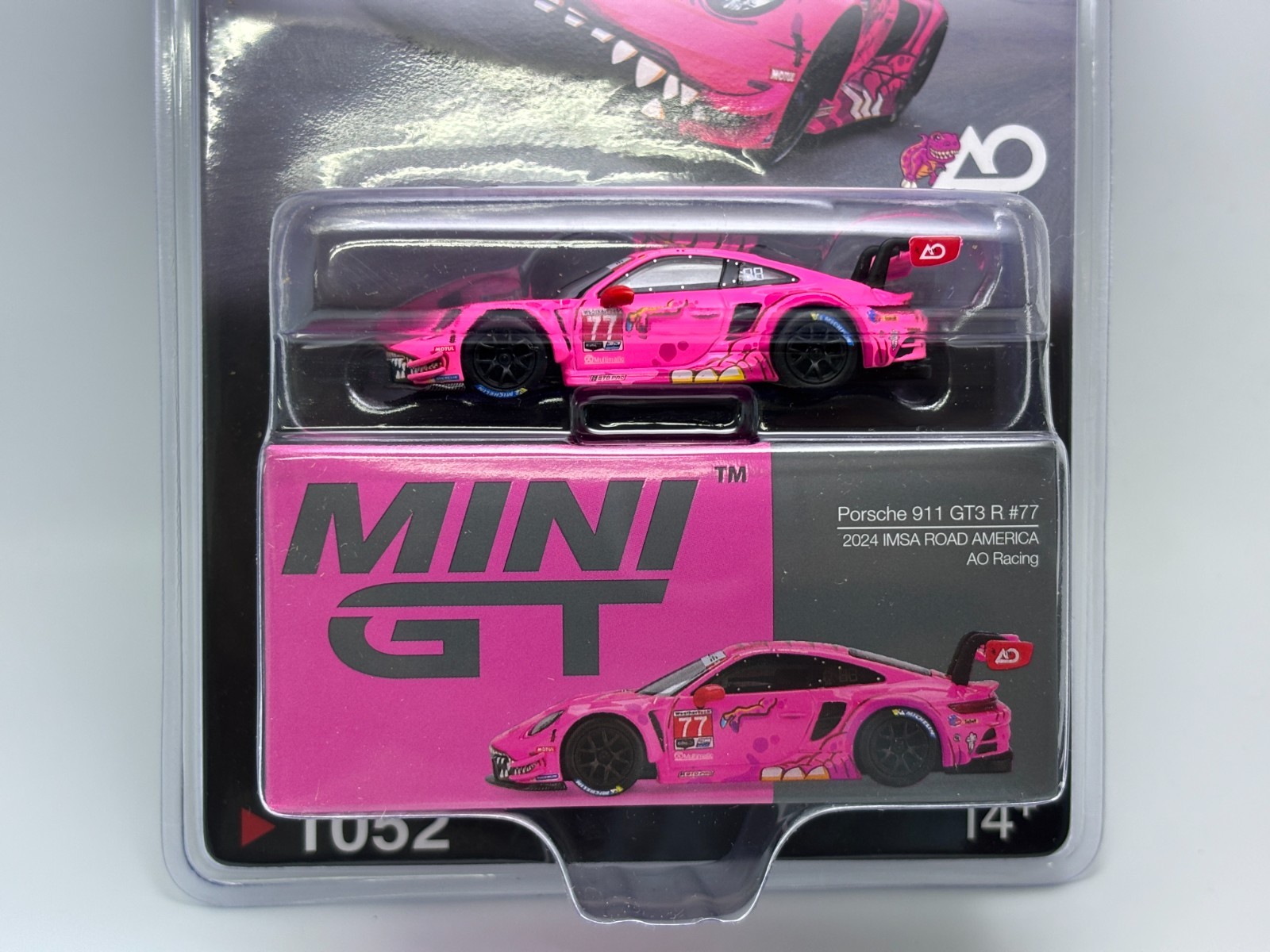 Mini GT 1/64 Porsche 911 GT3 R #77 IMSA Road America Roxy AO Racing #1052 Card