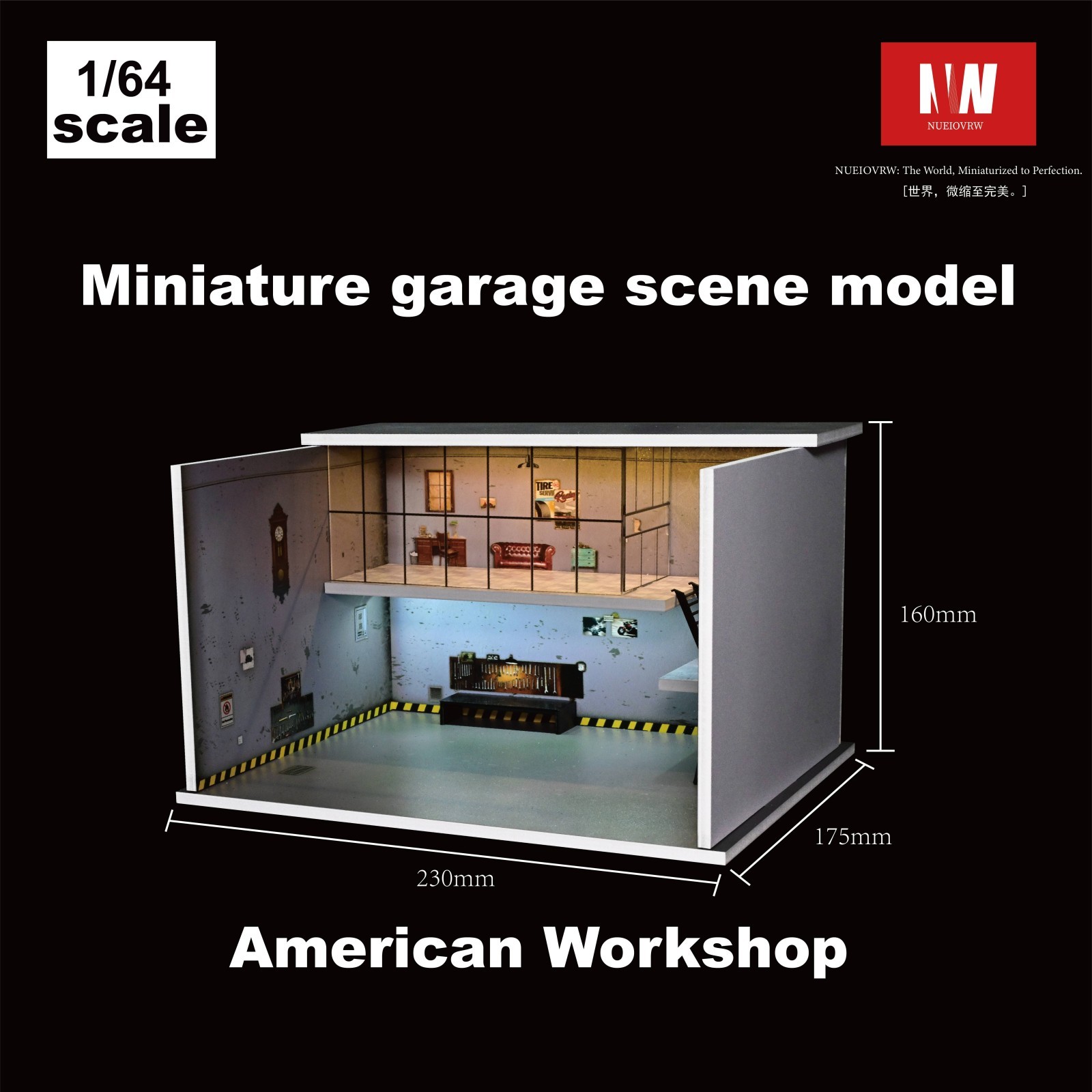 Diorama 1:64 Die-Cast Car Garage Model LED Repair Workshop Scene Display Case US