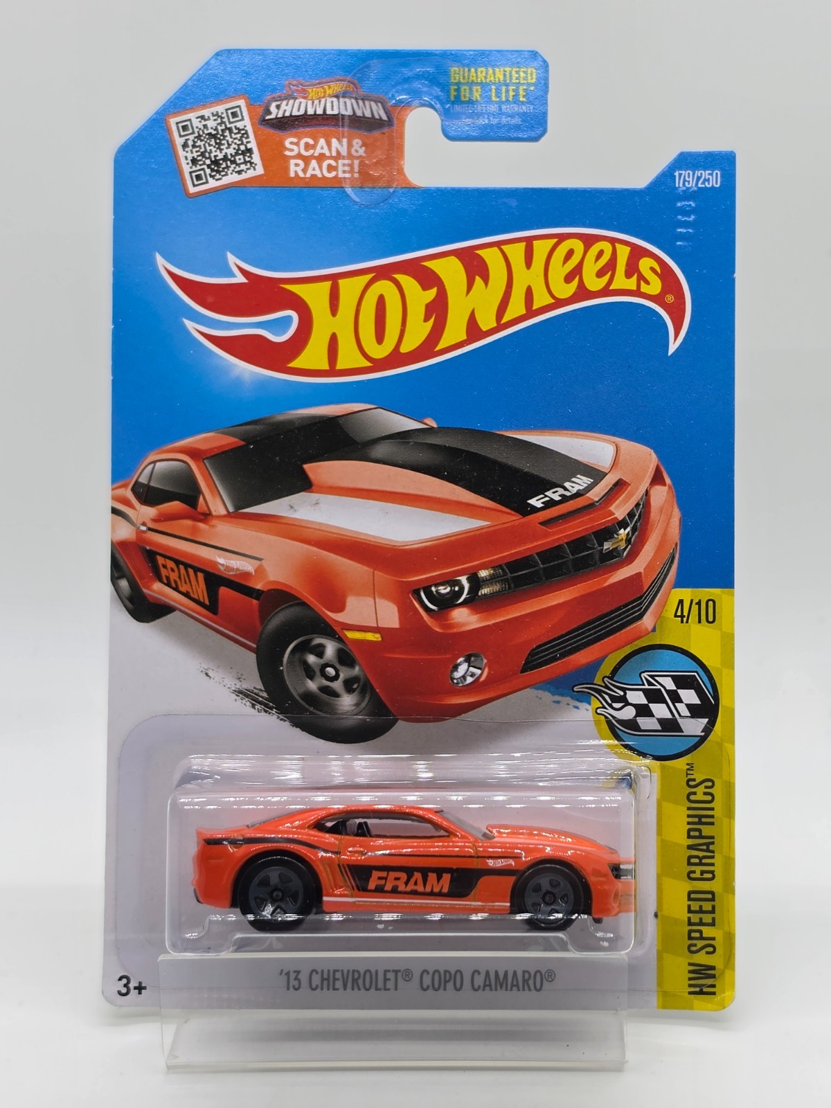 Hot Wheels ’13 Chevrolet COPO Camaro FRAM Orange Speed Graphics 4/10 Sealed