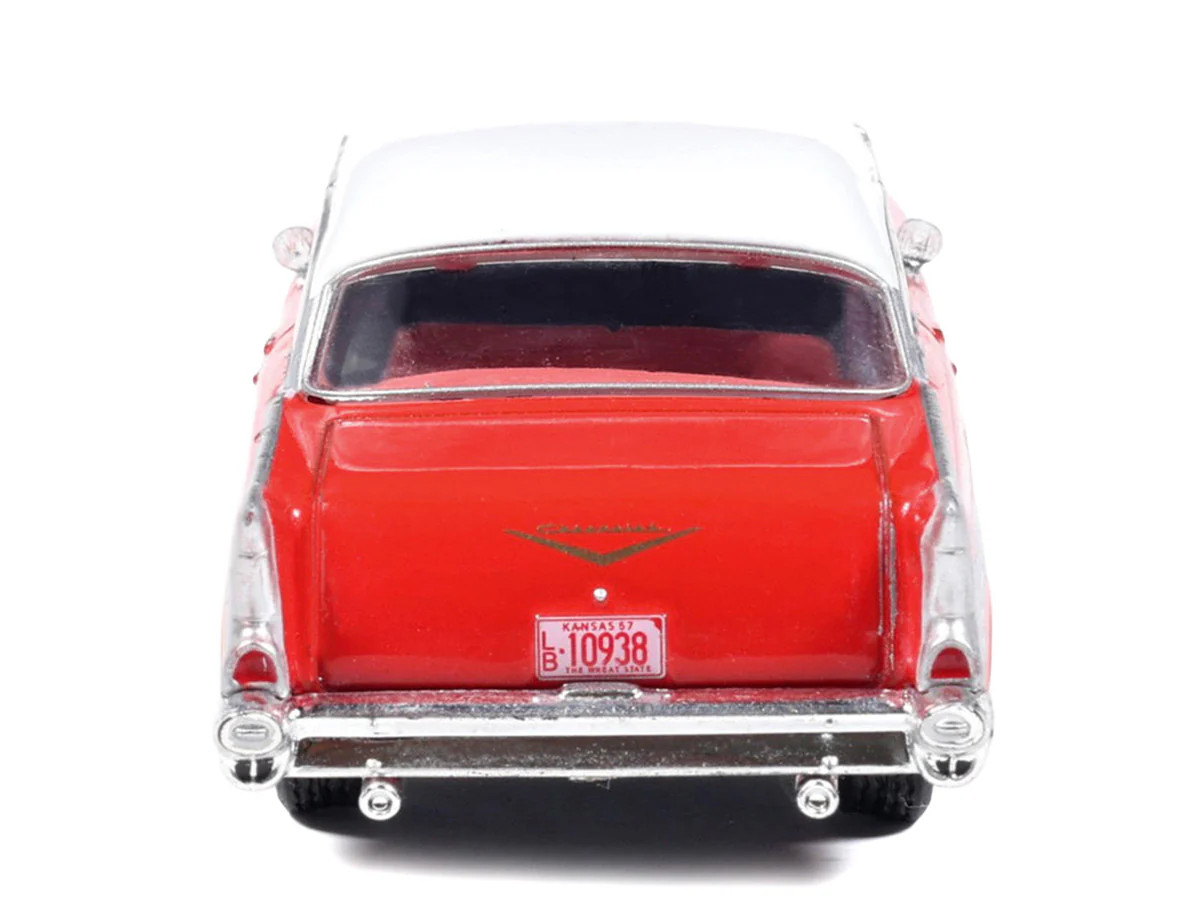 1957 Chevrolet Bel Air Red with White Top and Red Interior 1/64 Diecast Model b