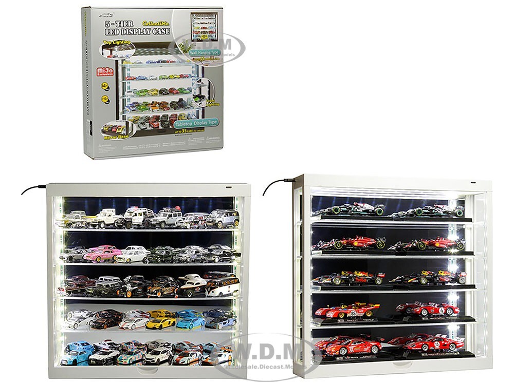 WALL MOUNT 5 TIER DISPLAY CASE WHITE W/MIRROR BACK FOR 1/64-1/43 SCALE MJ8850 MW