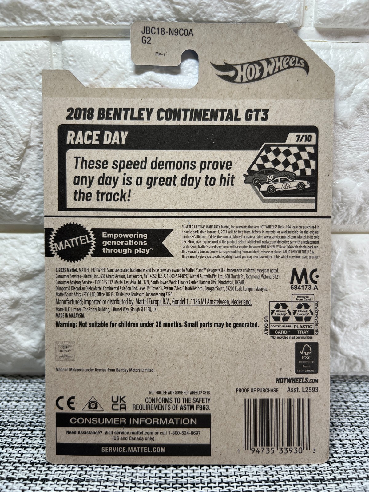 Hot Wheels Race Day 7/10 2018 Bentley Continental GT3 162/250 Gold