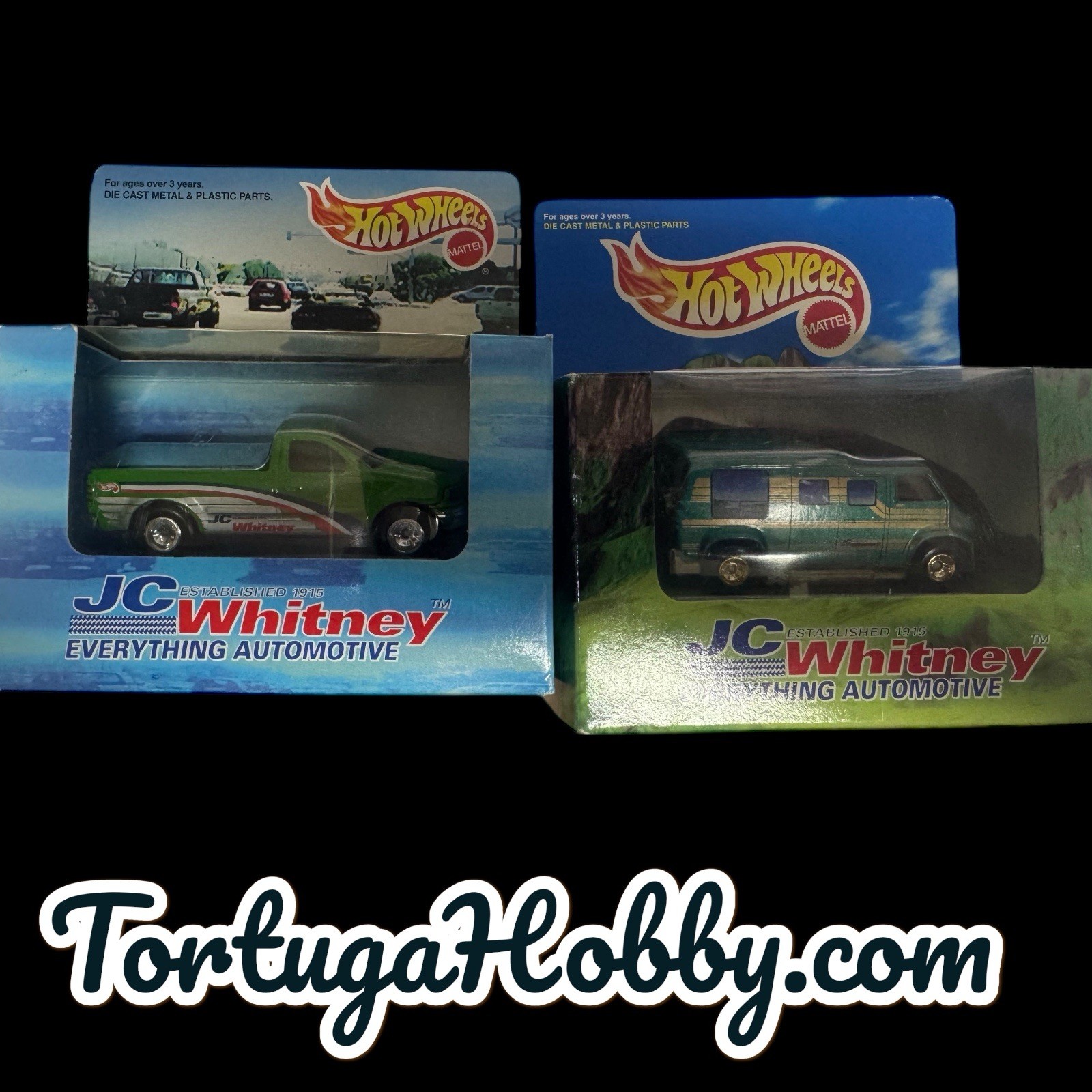 1997 – Hot Wheels JC Whitney Promo Green Custom Van w/REAL RIDERS & Chevy Truck