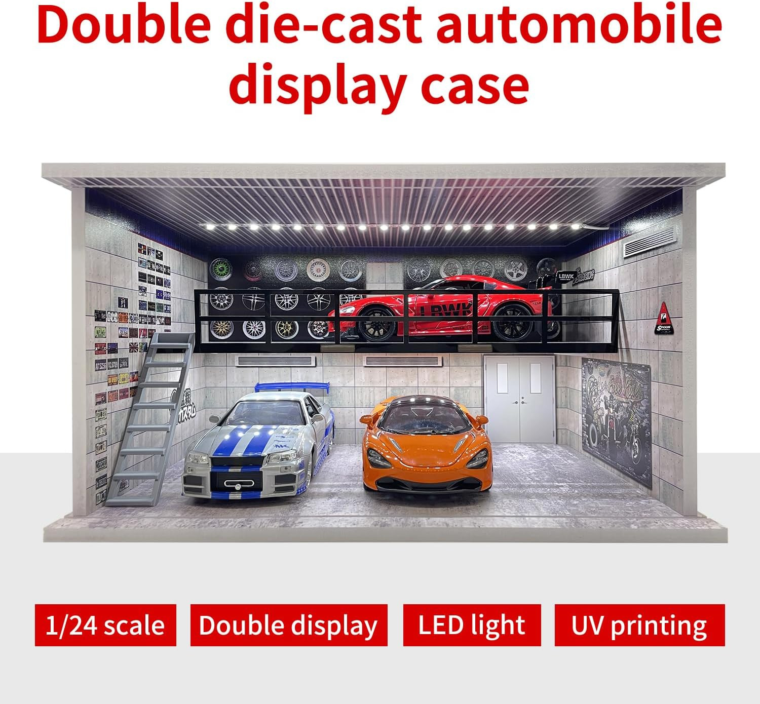 1:24 Scale Model Car Display Case LED Garage Diorama Acrylic 4 Parking Slots