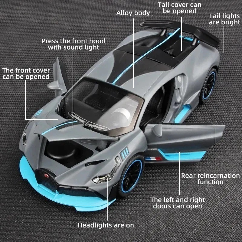 1:32 Bugatti Divo Alloy Diecast Car Model – Sound Light Pull-Back Toy Gift
