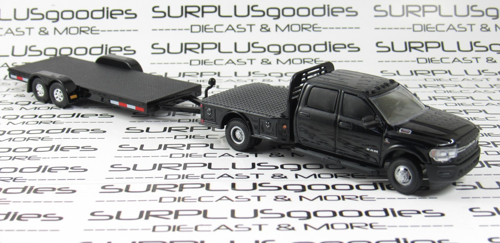 Greenlight Black 2023 DODGE RAM 3500 Flatbed Dually Pickup w/Open Car Trailer