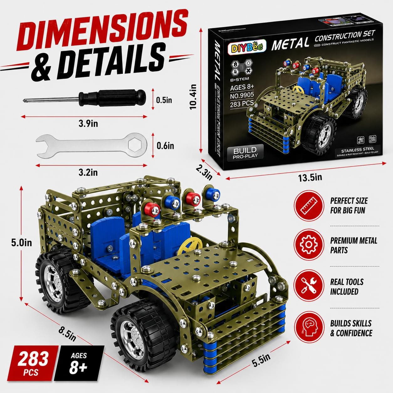 283 Pcs Metal Model Car Kit, STEM Building Toys for Kids 8-12
