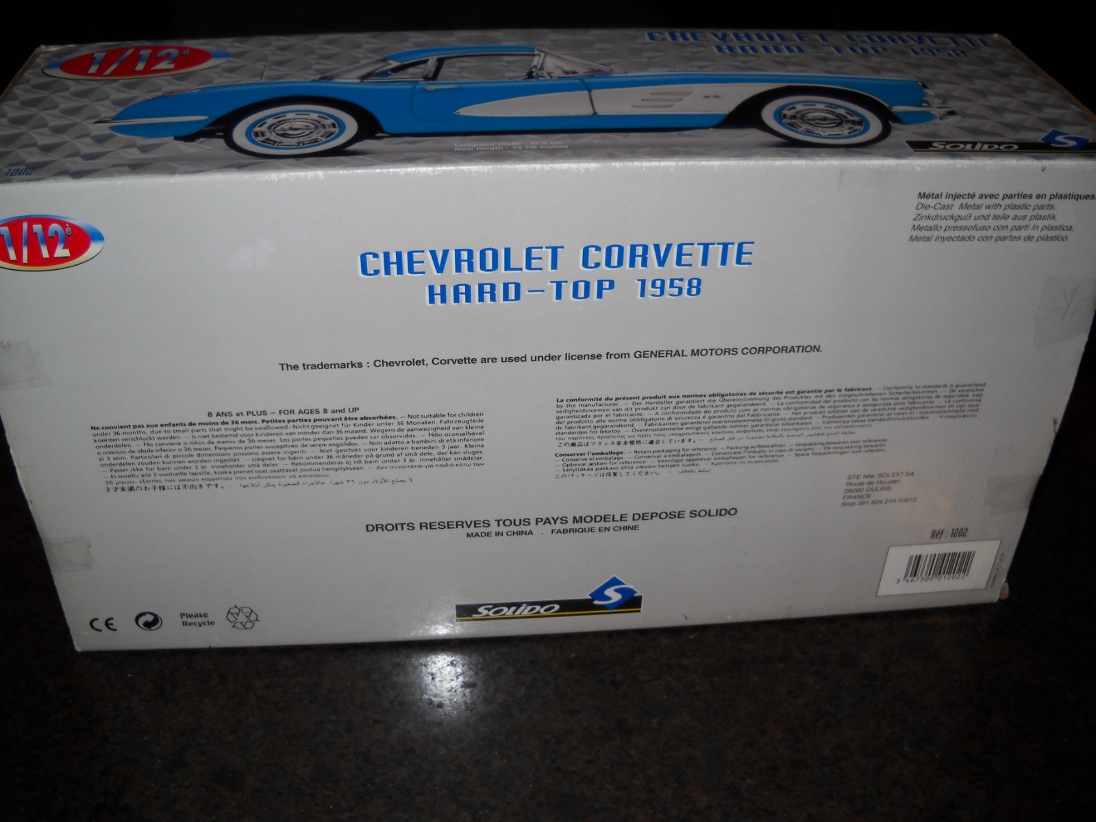 😎–SOLIDO REF.#1202**1958 CHEVROLET CORVETTE–1/12 BLUE H.T.w/REMOVABLE TOP😎