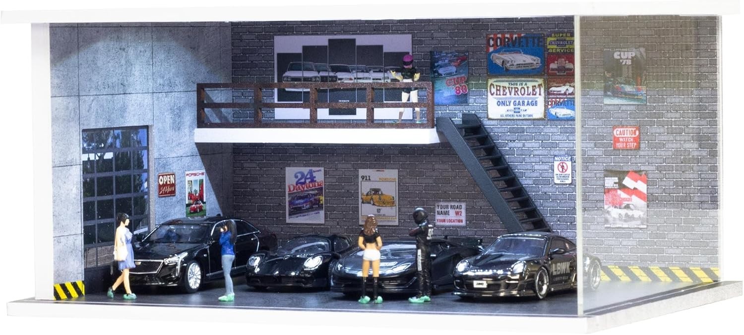 1/64 Diecast Parking Lot Garage Model LED Street Building Scene Display Case
