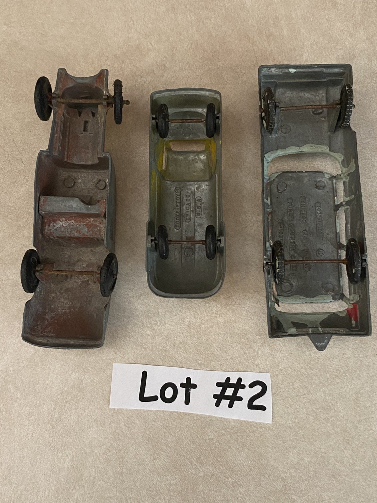 Vtg LOT of 3 -1950s TOOTSiE TOY Cars & Truck *Oil Tanker *Rat Rod *Ford Sedan #2