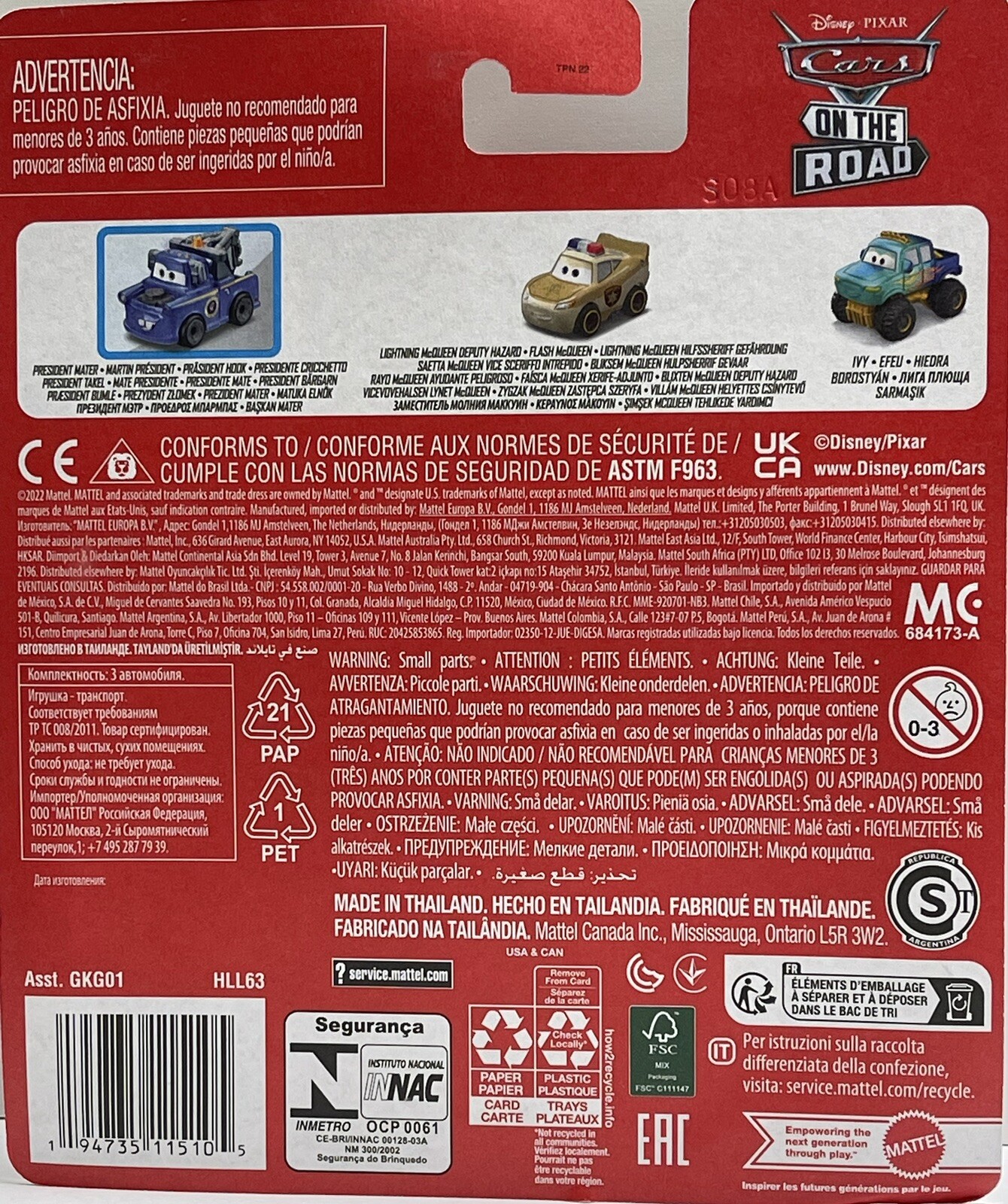Disney Pixar Cars 2023 Mini Racers 3 Pack President Mater Deputy Hazard Ivy