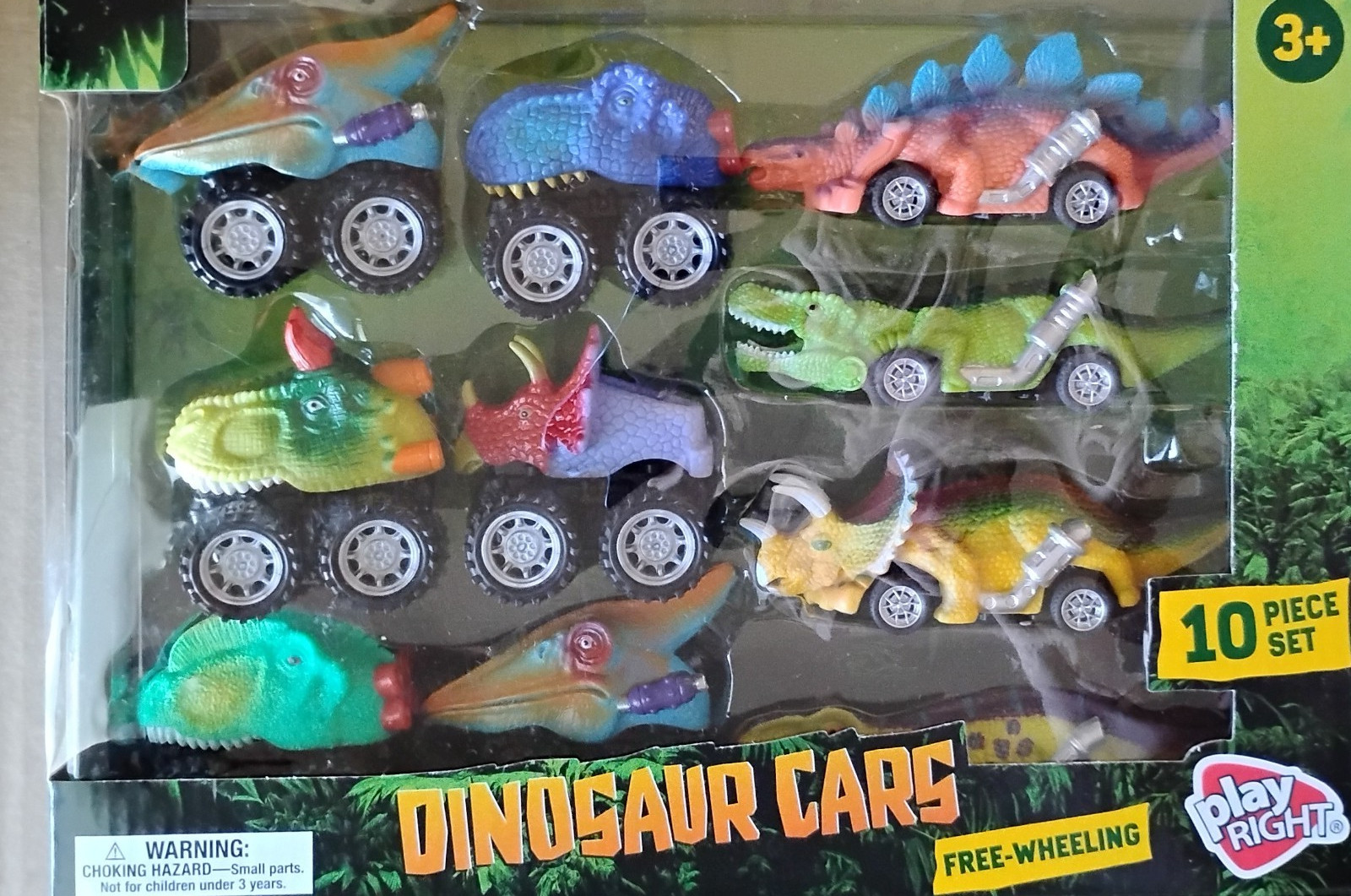 Dinosaur Cars Toy Set – 10-Piece Free-Wheeling Dino Vehicles, Ages 3+, Play Righ