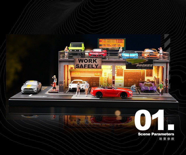 1/64 Diorama Car Garage Model LED Lighting Parking Lot Model Display Case US