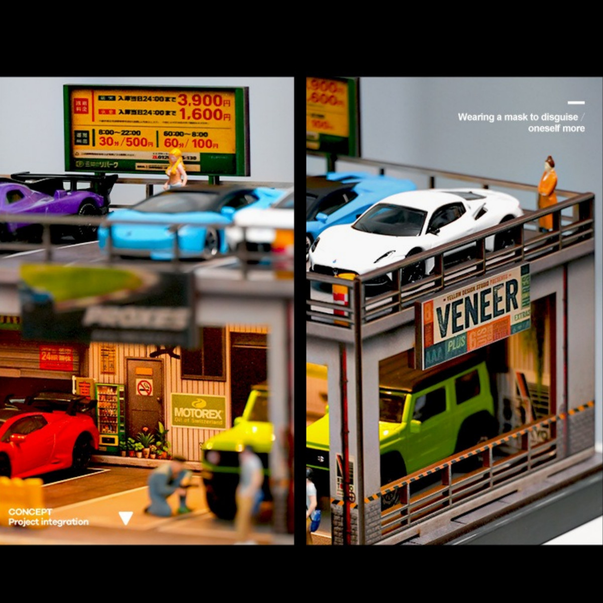 Diorama 1:64 Car Garage Model LED Lighting Repair Shop Building Scene Model Toy