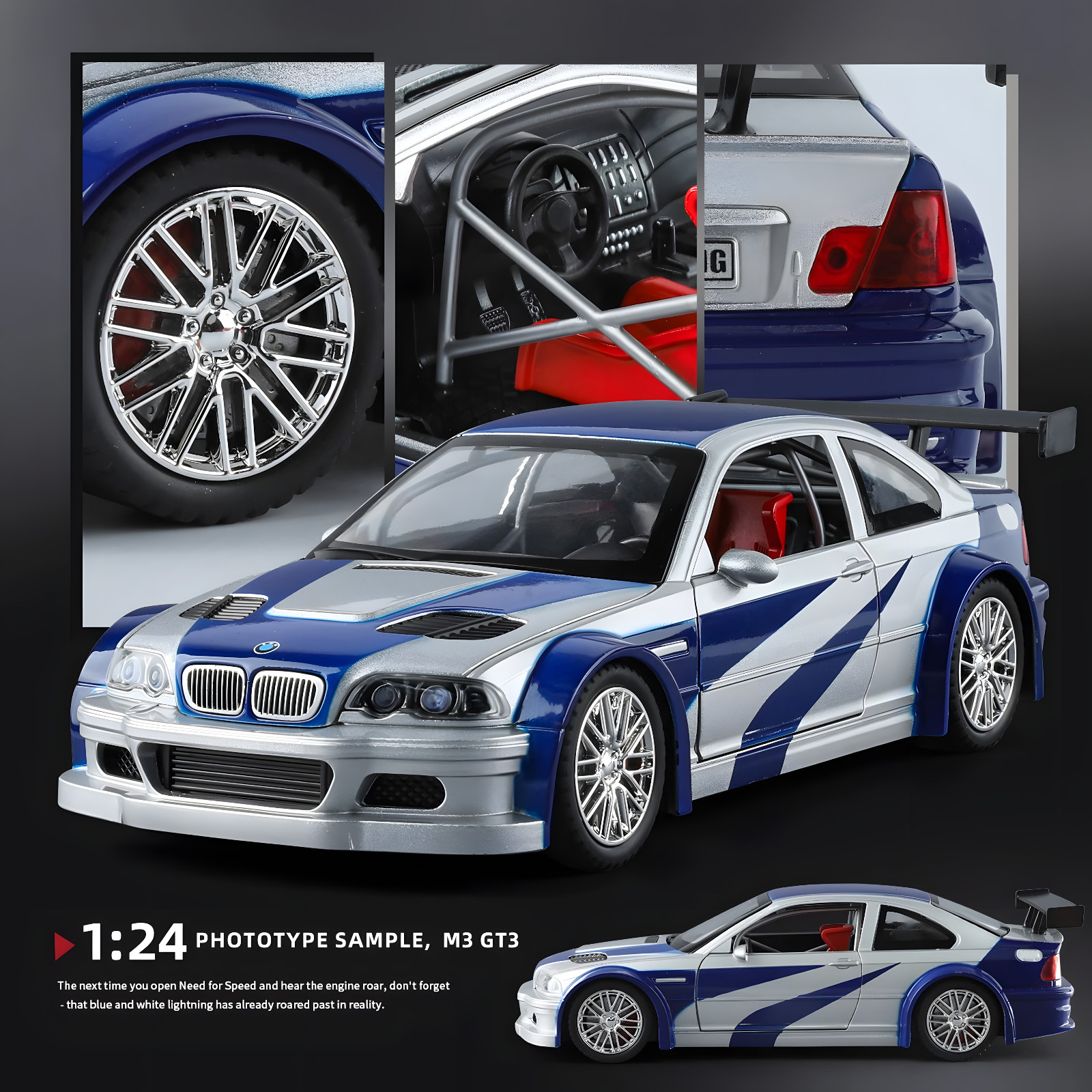 1:24 BMW M3 GTR E46 Muscle Model Car Sound Light Collectible gift