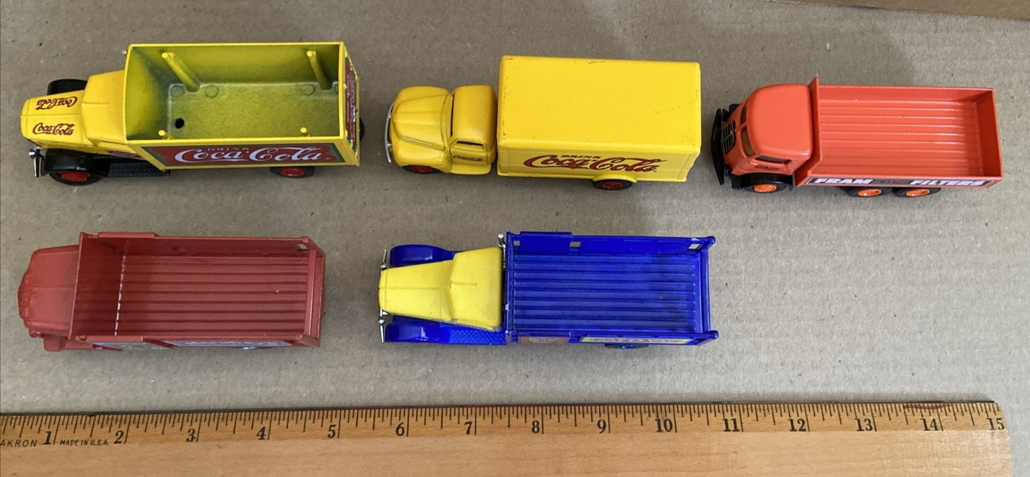 Five Vintage Hartoy Die-Cast Toy Trucks Coca-Cola / Fram /Ray-O-Vac / Hershey’s