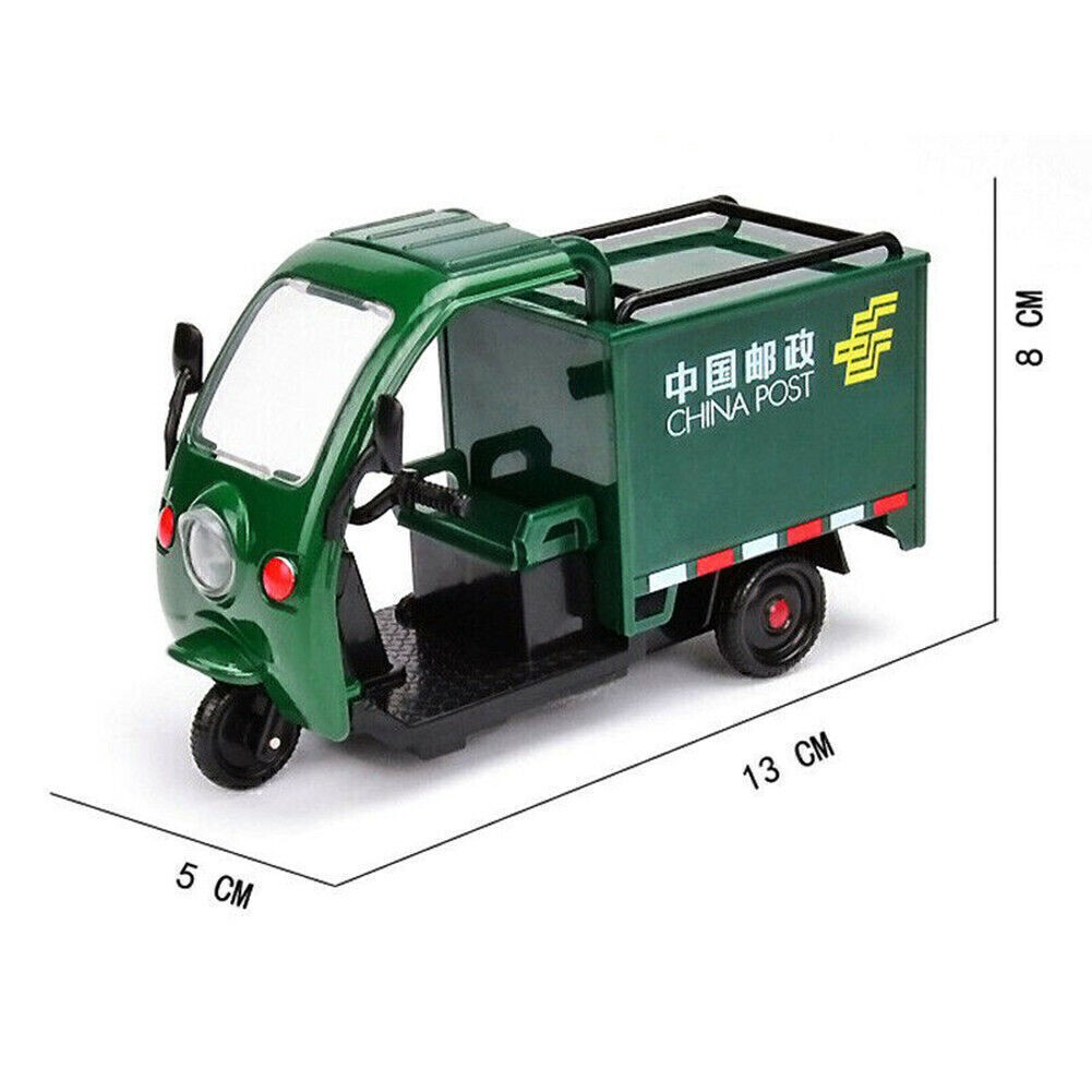 High Simulation China Post Express Car Tricycle Alloy Model With Sound And Light