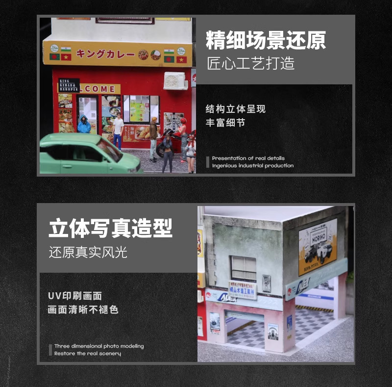 1:64 Scale Diorama LED-Light car Garage City Street Store Building Scene Model