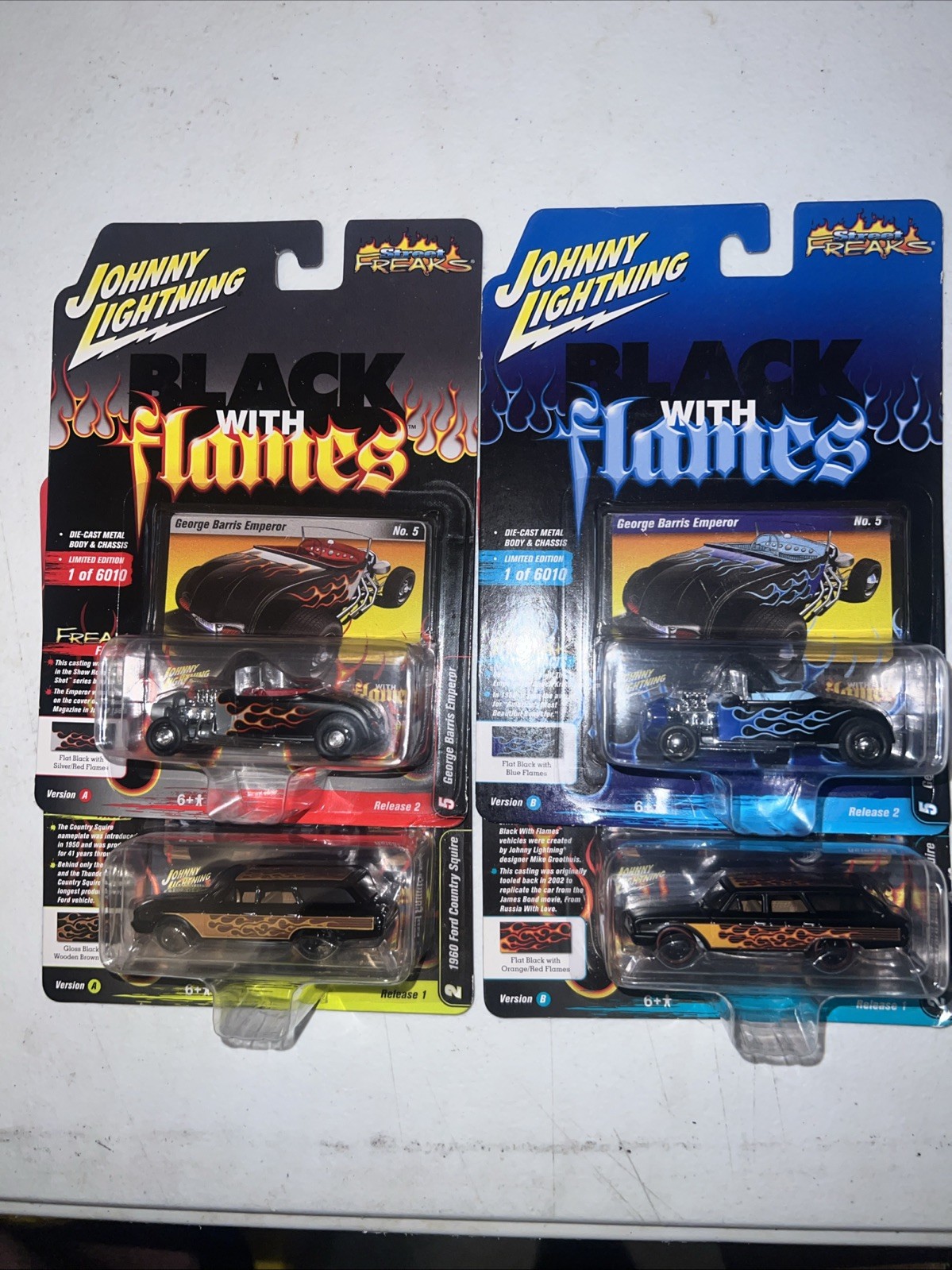 Johnny Lighning BLACK with FLAMES Ford Barris 1/64 Lot Of 4 Country Squire