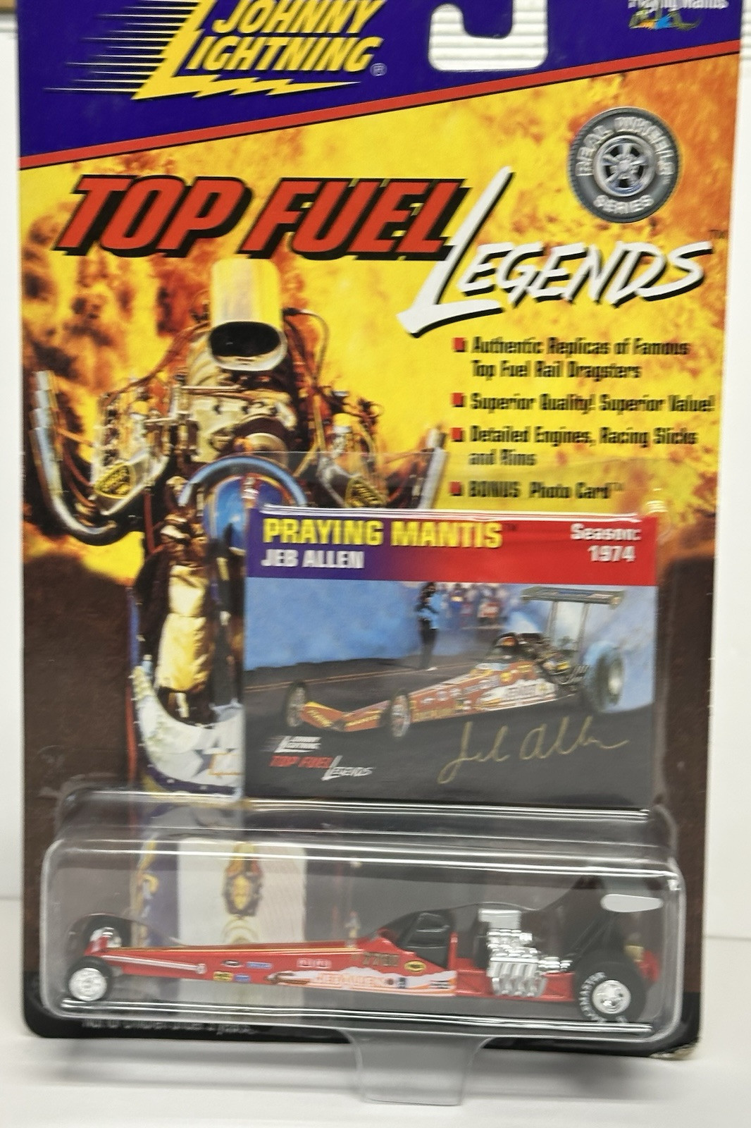 JOHNNY LIGHTNING NHRA LEGENDS ~JEB ALLEN PRAYING MANTIS 1974 TOP FUEL DRAGSTER~