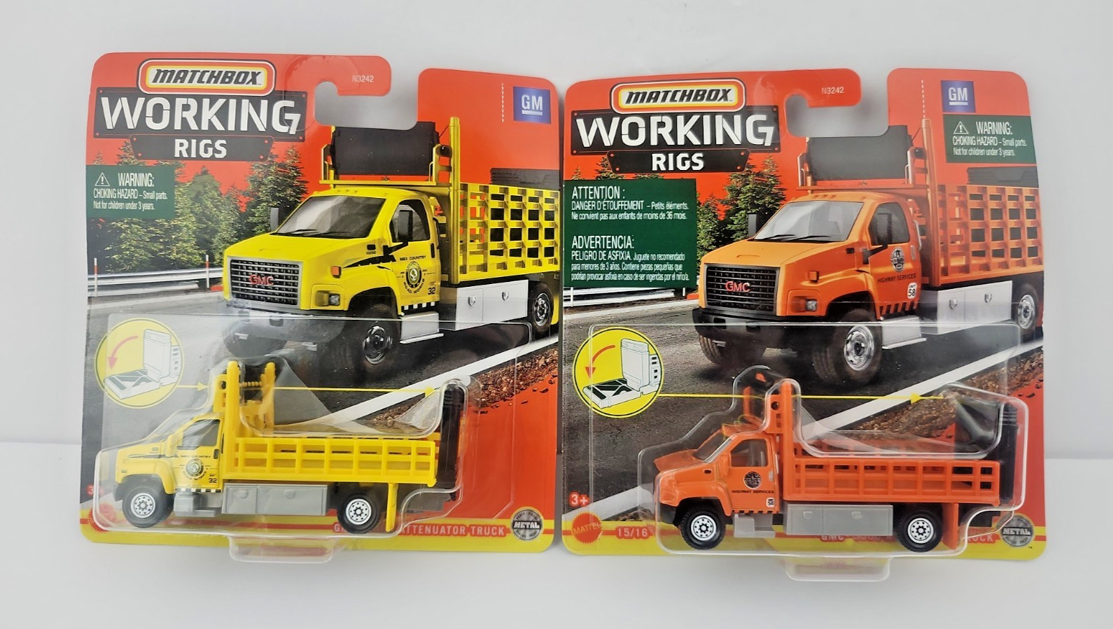 2 Matchbox Matchbox GMC 3500 Attenuator Truck Orange Yellow Working Rigs
