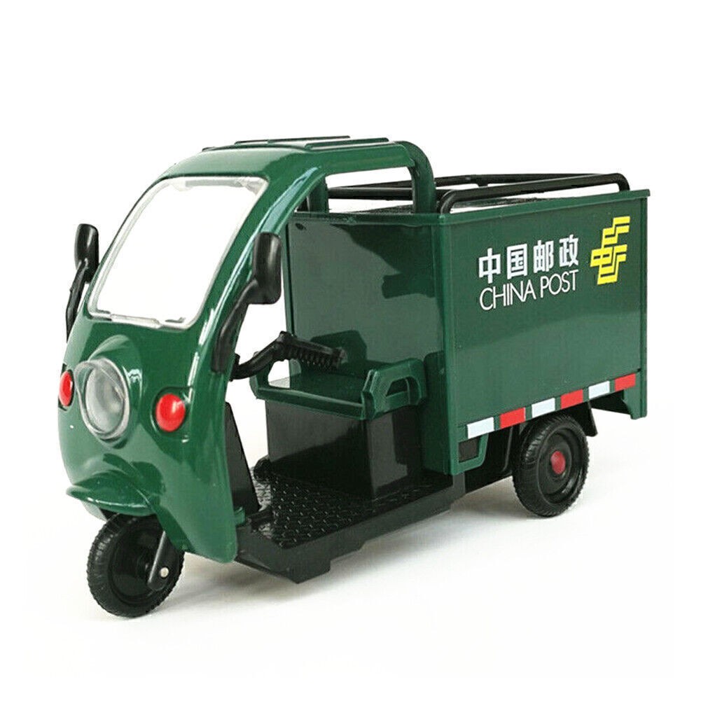High Simulation China Post Express Car Tricycle Alloy Model With Sound And Light