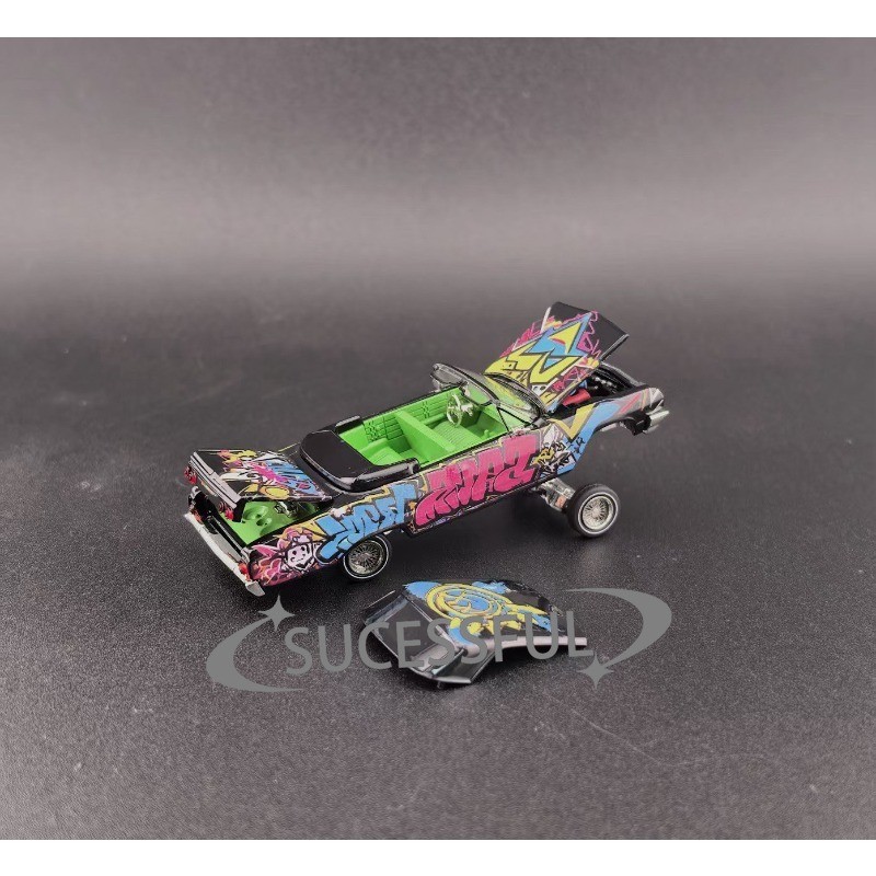 FW 1:64 Black Impala Lowrider Adjustable Chassis Open Convertible Diecast Model