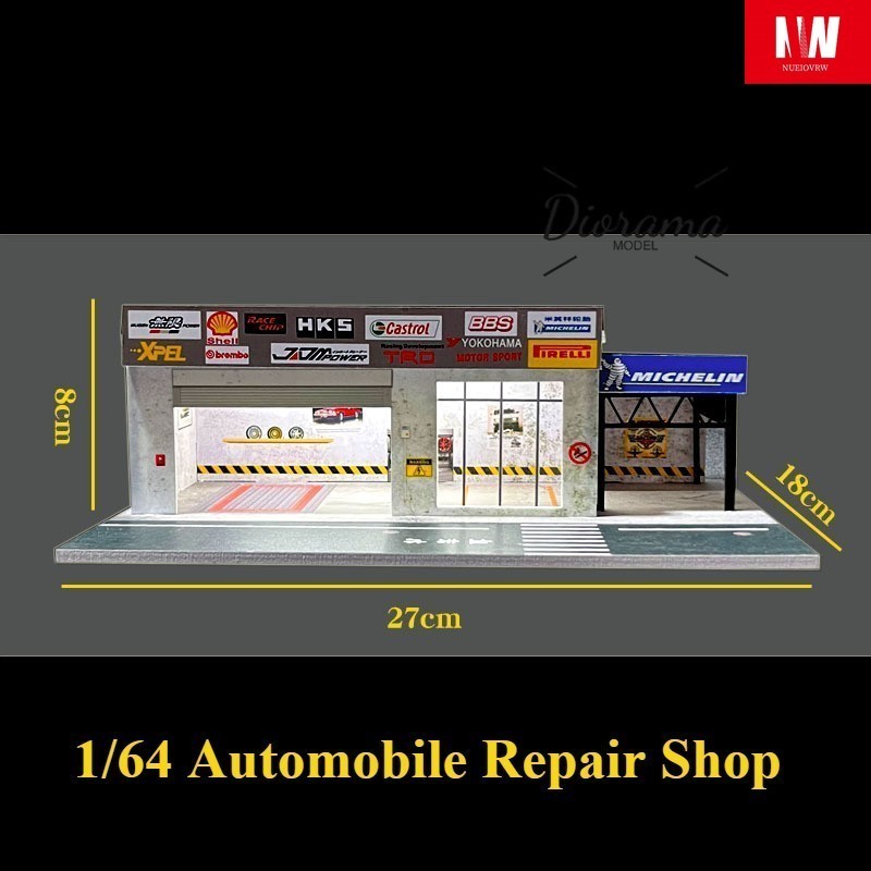 1/64 Diorama Garage Model LED Light Gas Station Parking Lot Scene Display Model