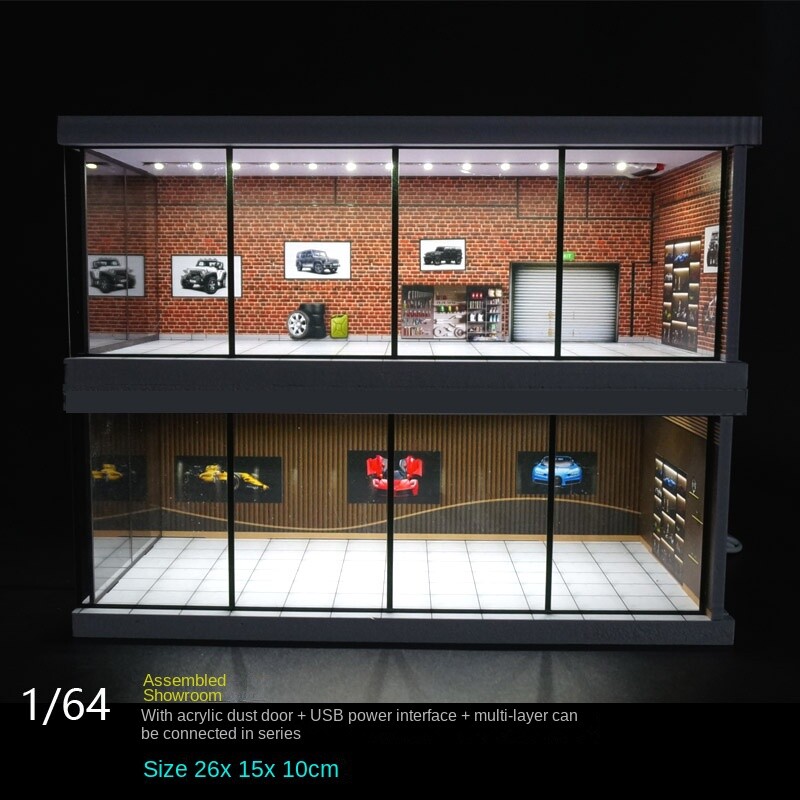 1:64 Diorama Car Showroom Model LED Lighting City Car Garage Scene Display Model