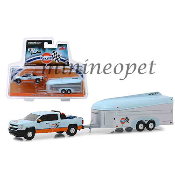 GREENLIGHT 51243 2017 CHEVROLET SILVERADO w AEROVAULT 1/64 GULF OIL LIGHT BLUE