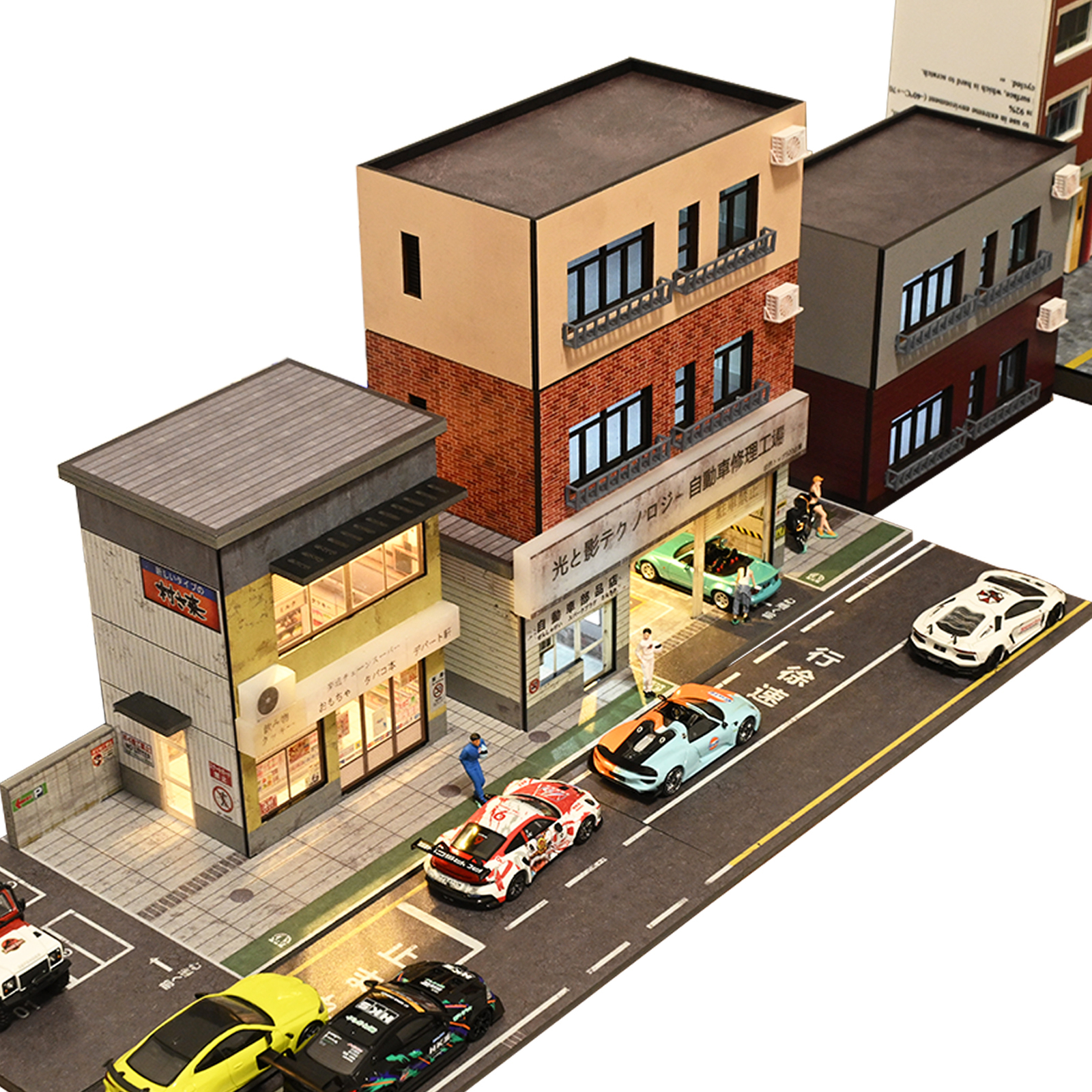 1/64 Diorama Car Garage Model LED Light City Street House Building Model Display