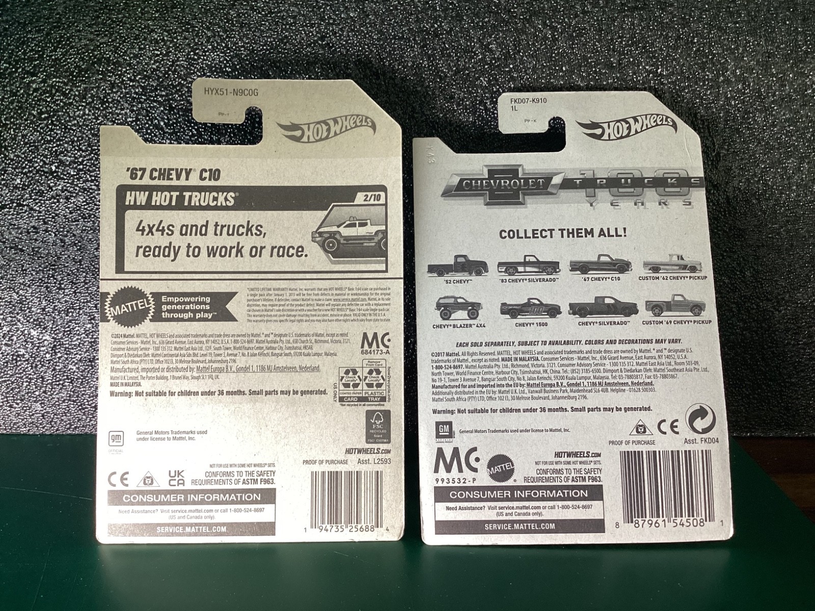 2 Lot Hot Wheels Chevrolet Trucks 100 Years 3/8 ’67 CHEVY C10 Gray & Black Gold