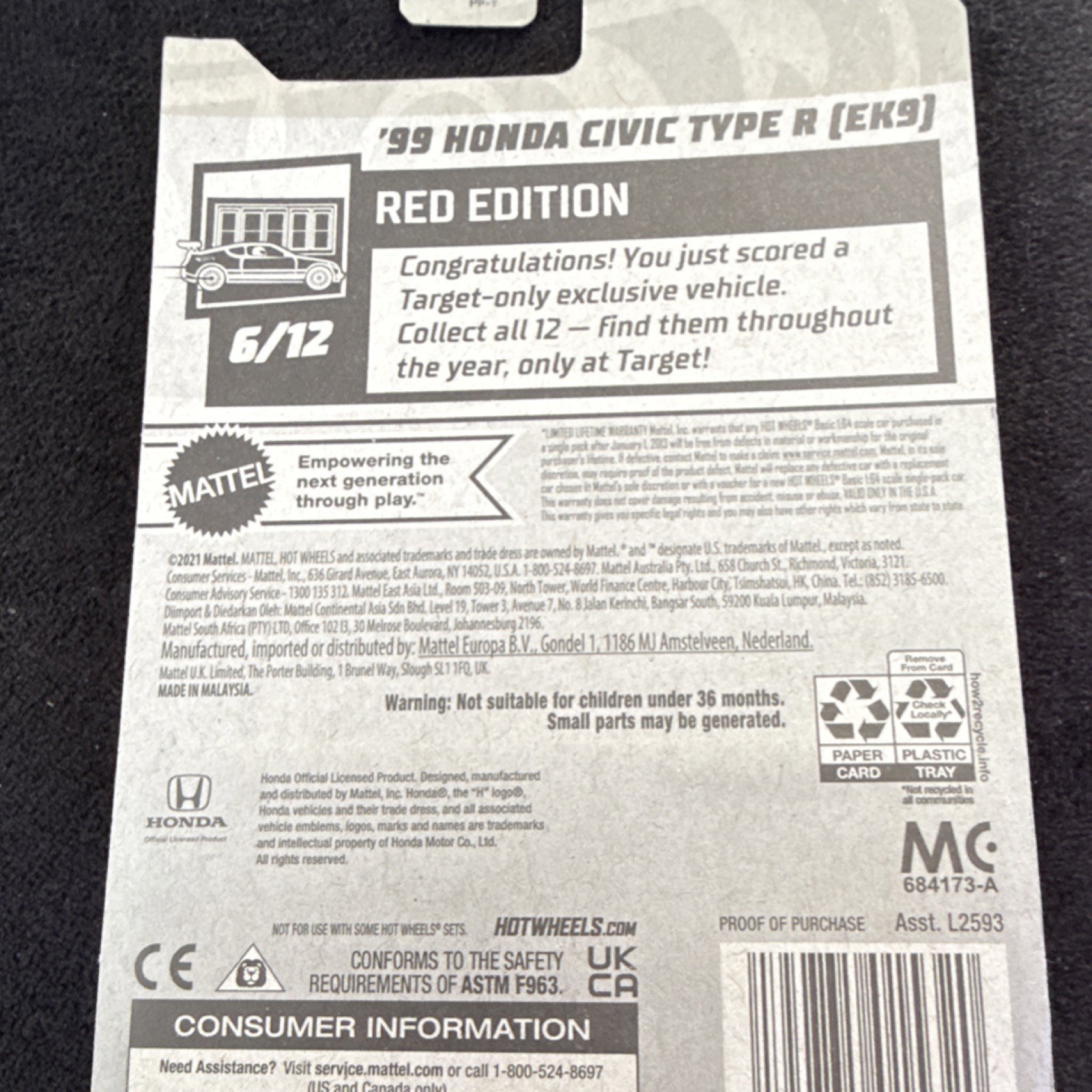 Hot Wheels Factory Sealed 2022 Red Edition ’99 Honda Civic Type R EK9 New