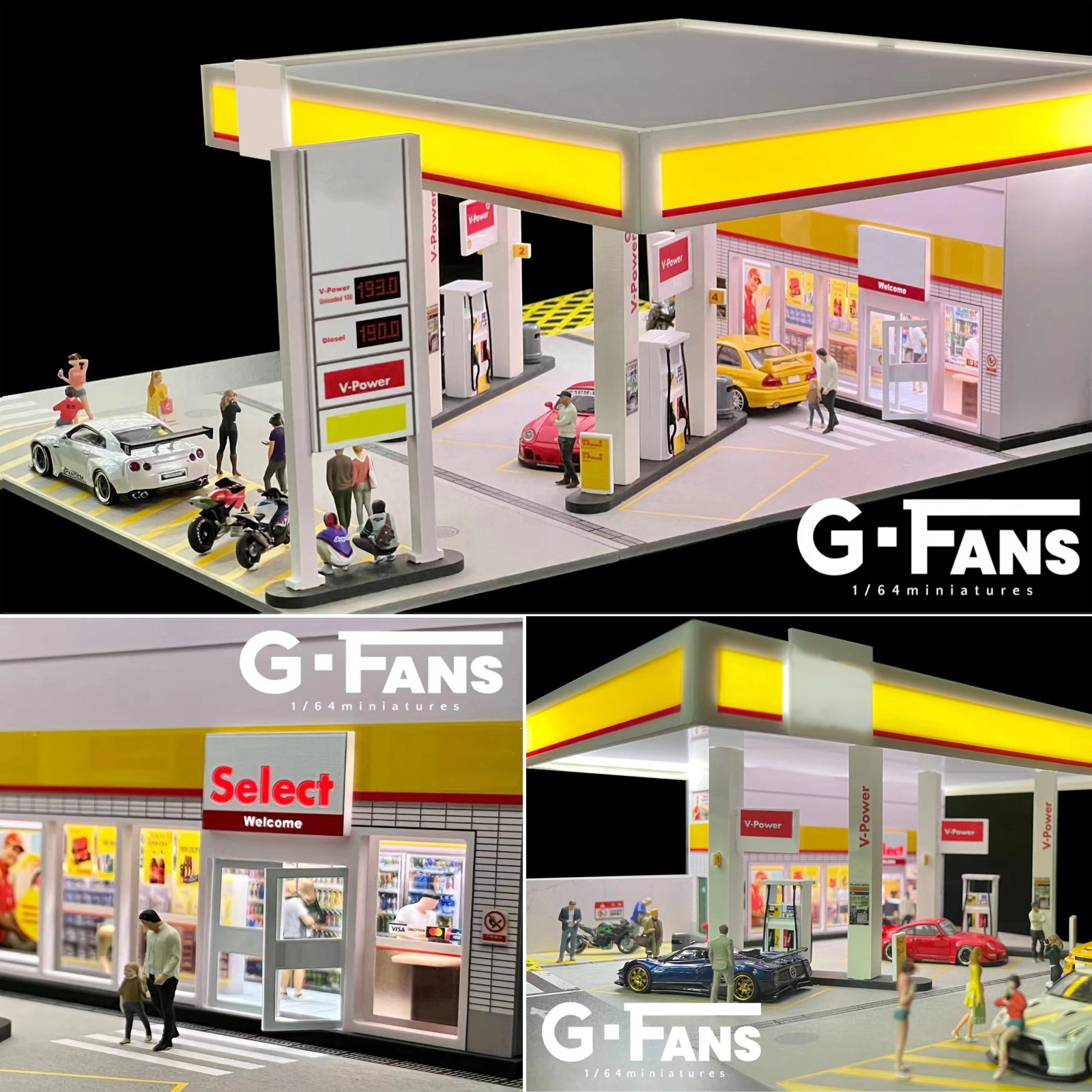 1/64 Diorama Car Garage Model LED Lighting Gas Stations Parking Lot Scene Model