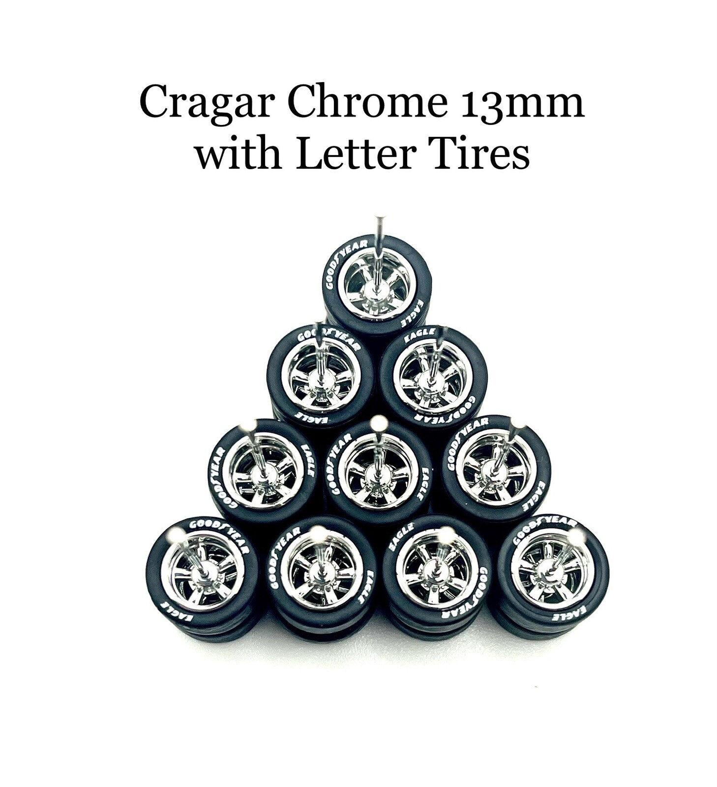 5x Chrome Cragar 13/13mm Wheels w/ Lettered Rubber Tires for 1/64 H0T Wheelz