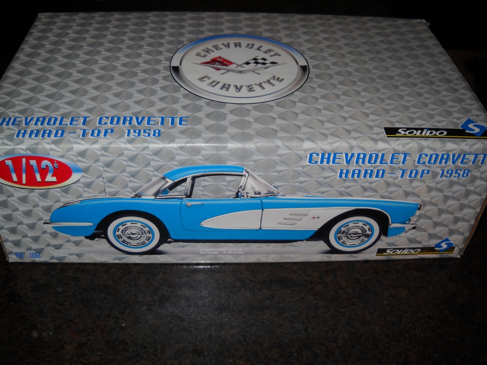 😎–SOLIDO REF.#1202**1958 CHEVROLET CORVETTE–1/12 BLUE H.T.w/REMOVABLE TOP😎