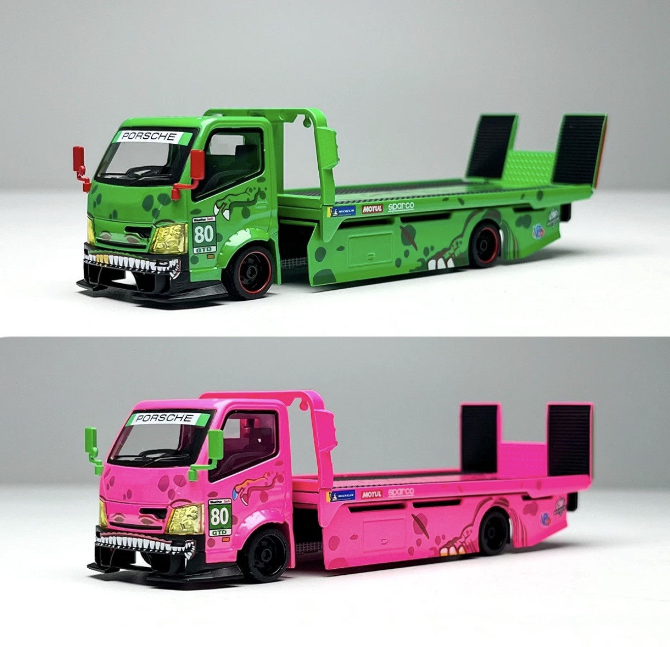 MG 1:64 H300 Custom Tow Flatbed Truck Dinosaur Model Diecast Metal pink US SHIP!