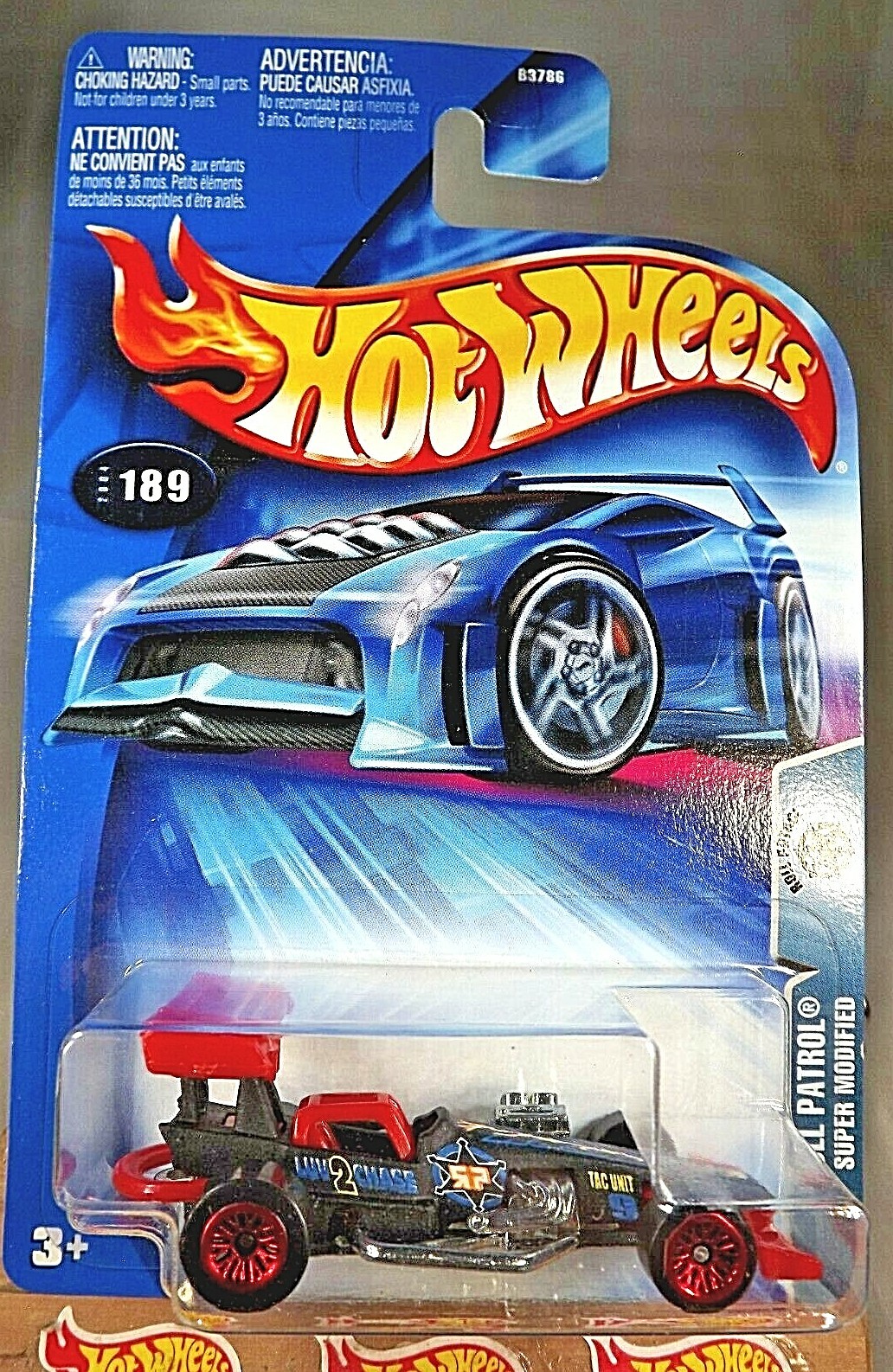 2004 Hot Wheels #189 Roll Patrol SUPER MODIFIED Black w/Red Lace Spoke Wheels