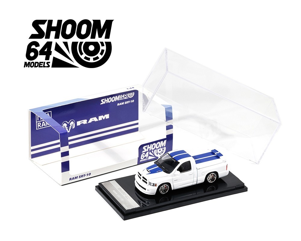 SHOOM64 2003 Dodge Ram SRT-10 Pickup White with Blue Racing Stripes 1/64