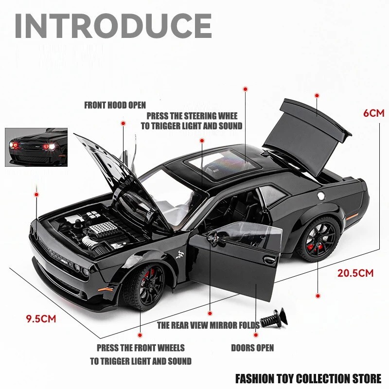 1:24 Dodge Challenger Hellcat Alloy Diecast Toy Car Model Sound Light Pull Back