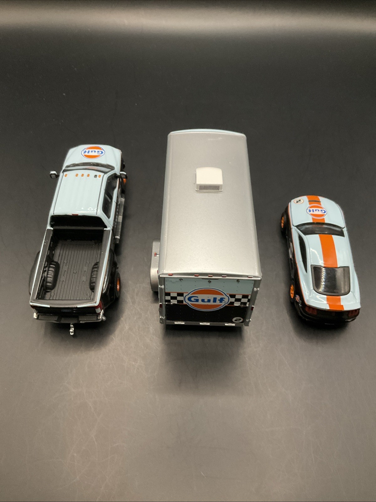 1#2 GL Gulf Ford F-350 Lariat Hitch N Tow ‘19 Ford Set 1/64 Truck, Trailer & Car