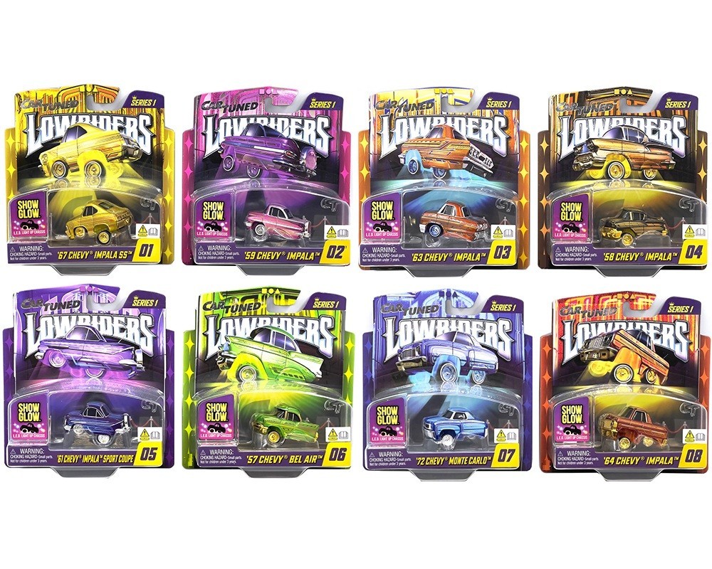 CarTuned 1:64 Lowriders SHOW GLOW Series 1 Assortment 8 Car Set, Factory Seal