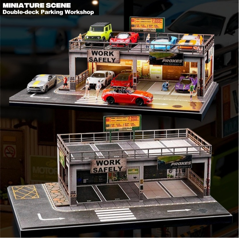 1/64 Diorama Car Garage Model LED Lighting Parking Lot Model Display Case US