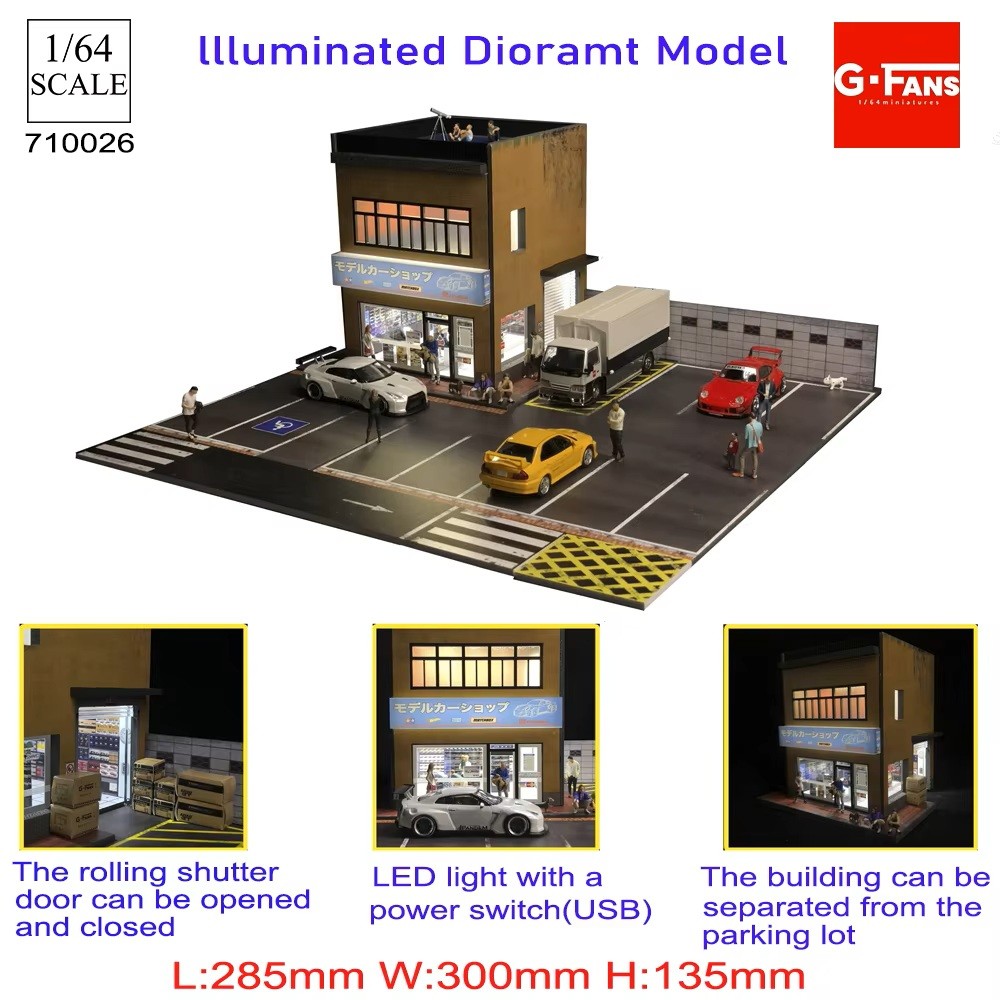 Diorama 1/64 Garage Model LED Lighting Gas Station Scene Display Case Gift