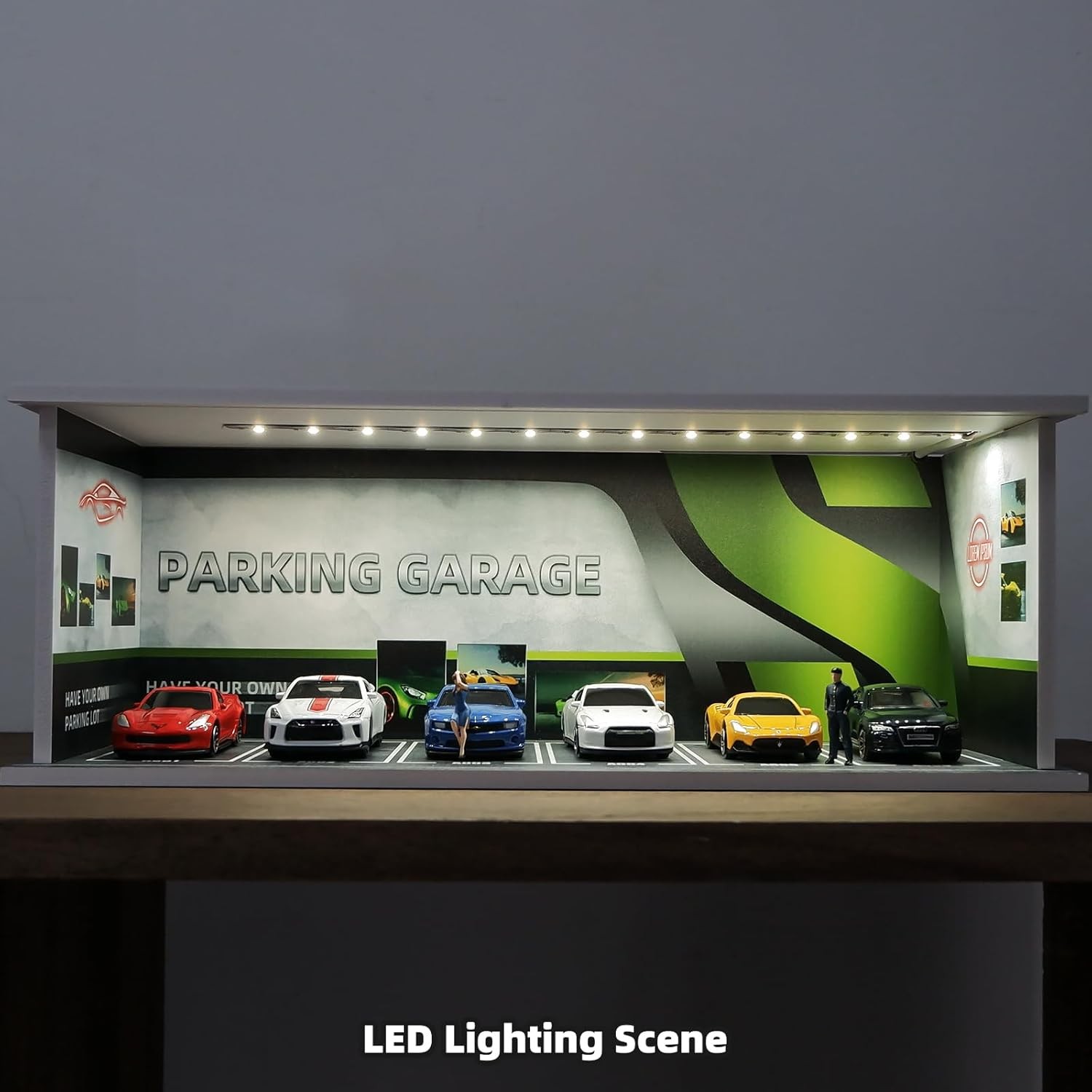1/64 Diorama Car Garage Model LED Lighting City Parking Lot Scene Building Model